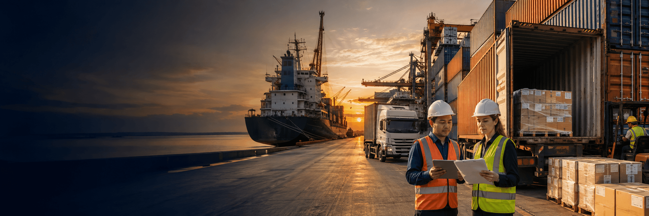 Container port with cargo ship, freight truck and physical goods