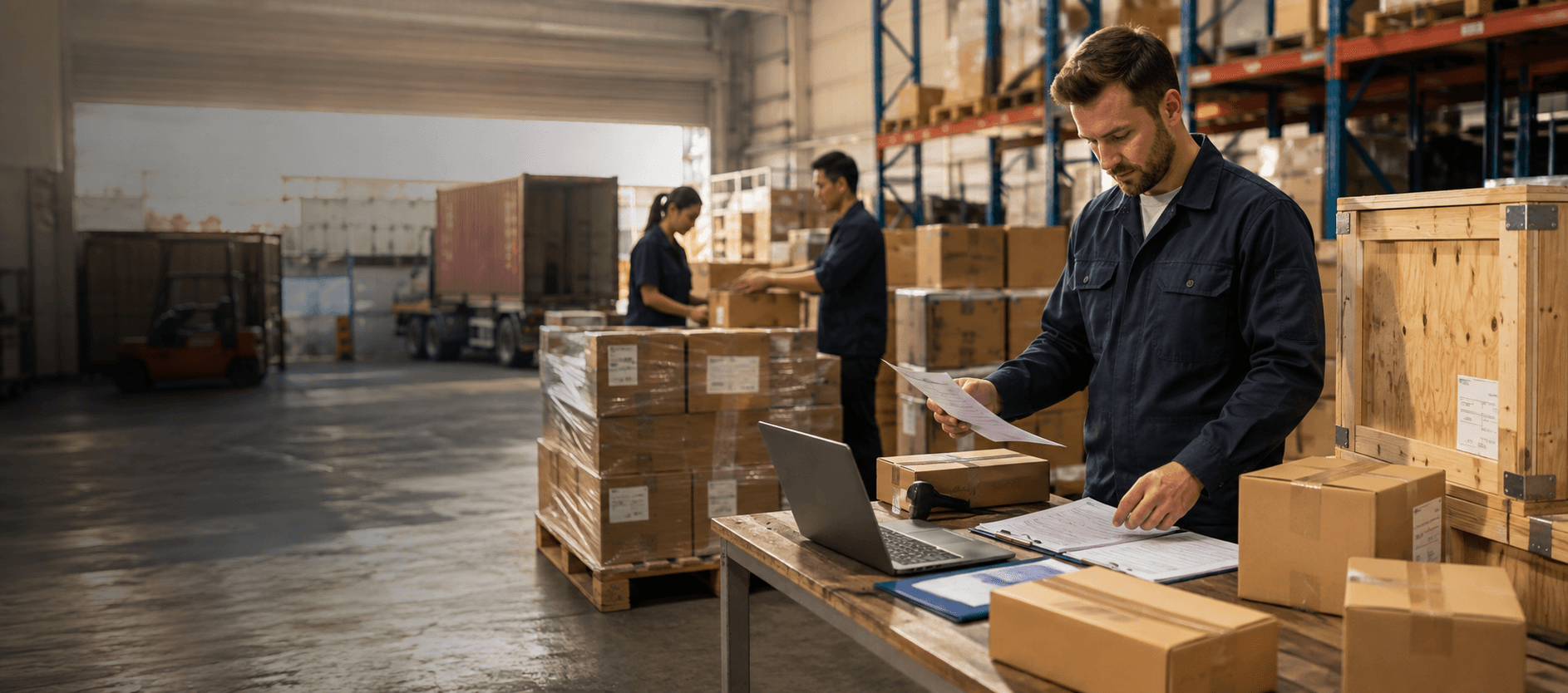 Warehouse team preparing physical goods for shipment